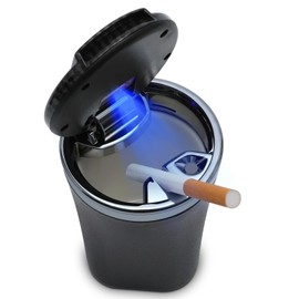 Car Ashtray with Lid Auto Ashtrays Smell Proof Smokeless Ashtray for Car Easy Clean Up Detachable Ash Tray with LED Blue Light (Black)