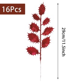 SPWOLFRT 16 Pcs Christmas Glitter Leaves Holly Leaves Stems 13.78" Artificial Holly Leaf Picks Sprays for Christmas Tree Wreath Garland DIY Crafts Table Xmas Centerpiece Home Decor (Red)