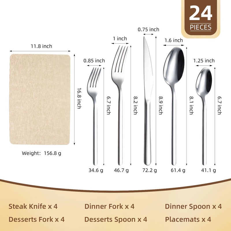 CITESANA 24 Piece Stainless Steel Silverware Set for 4 with
