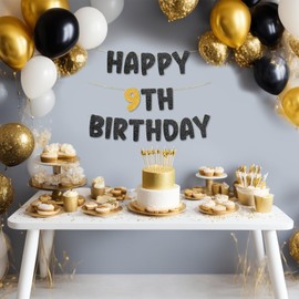 TOYVENTURES 9th Birthday Banner pre strung - NO DIY - Gold Glitter 9th Birthday Decorations for Girl & Boy, Party Banner - Party Decor Sign Funny Party Supplies, Did we mention NO DIY?