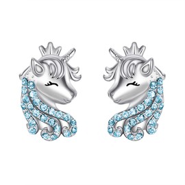 Unicorn Earrings for Girls, 925 Sterling Silver Blue CZ Lucky Unicorn Stud Earrings Birthday Gift for Daughter Granddaughter