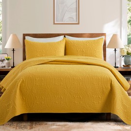 Safonory Quilt Set Twin Size(68"x88", Mustard Yellow) - Summer Thin Soft Coin Pattern Quilted Bedspread for Twin Bed - 2 Pieces Lightweight Coverlet Bedding Set(1 Quilt, 1 Sham)