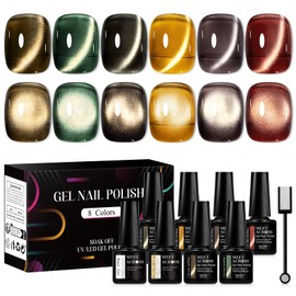MEET ACROSS Jelly Cat Eye Gel Nail Polish Set, 6 Transparent Colors Gold Red Brown Green Gel Polish Set Golden Gel Nail Kit with base top coat and Magnet Soak Off LED Nail Art Gel DIY Salon Gift