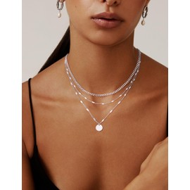 Picuzzy Layered Silver Necklaces for Women, Layering Stacked Stackable Layer 925 Sterling Silver Choker Necklaces for Women Trendy Stack Stacking Dainty Circle Bar Pendant Chain Necklace Jewelry Set