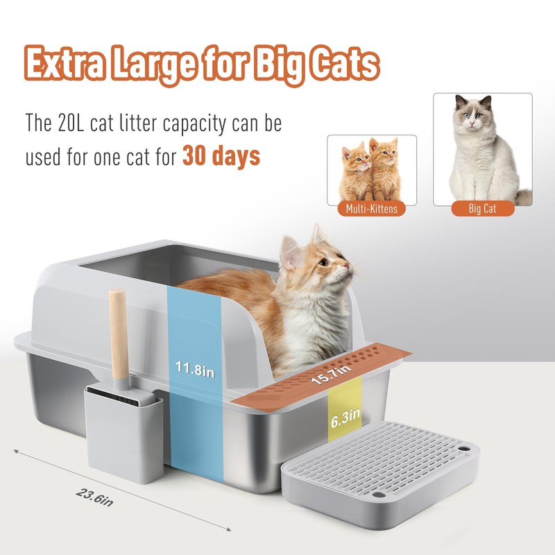 Enclosed Stainless Steel Extra Large Cat Litter Box with Lid,
