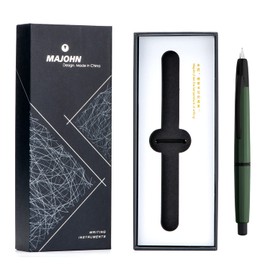 Majohn A2 Press Fountain Pen Extra Fine Nib with Box, Retractable Green Resin Ink Pen with Converter Writing Set (Black Clip Version）