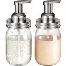 Amolliar Plastic Mason Jar Foaming Soap Dispenser with Pump Lid,16OZ Refillable Hand Soap Dispenser Set with Cute Lables - Farmhouse Decor for Kitchen/Bathroom, Lotion Dish Soap (2 Pack, Silver)