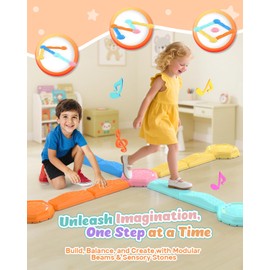 Holyton Music Light Up Balance Beam and Toddler Stepping Stones 13 Pieces, Non-Slip Plastic Balance Stackable Stepping Stones for Kids, Sensory Toys for Toddlers, Indoor or Outdoor Play, Easy Storage