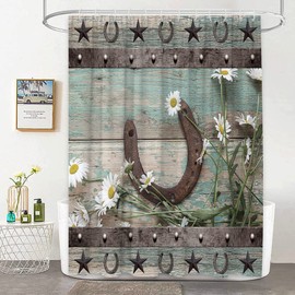 YOZSLGU Rustic Shower Curtain Horseshoe Western Country Daisy Floral Teal Wooden Board Retro Fabric Bathroom Decor Curtains with Hooks