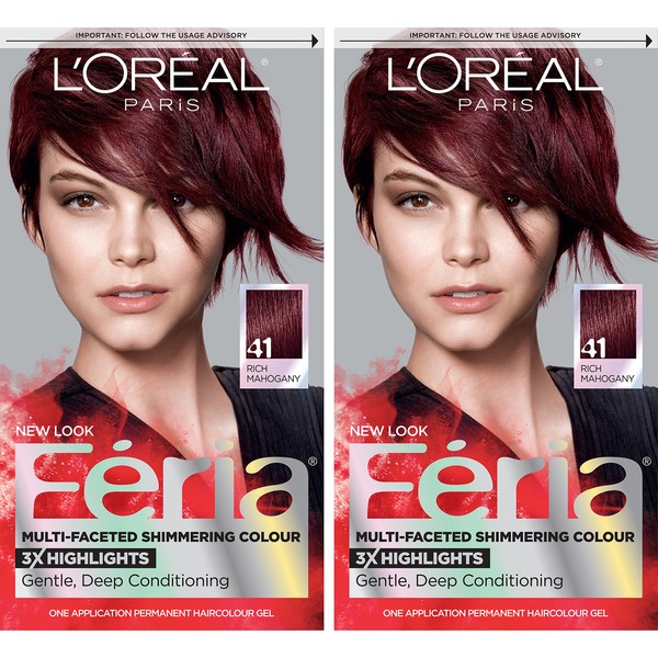 L'Oreal Paris Feria Multi-Faceted Shimmering Permanent Hair Color, 41 Crushed Garnet, Pack of 2 Hair Dye