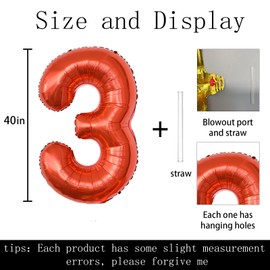 40 inch Big Size Number 3 Foil Helium Balloons Birthday Party Celebration Decoration, Digital Decorations Supplies, Wedding Anniversary Inch Decoration Kids(Red,Number 3)