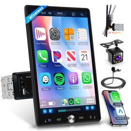 10.4 inch Single Din Car Stereo with Wireless Carplay Android Auto-2025 Upgraded 1080P IPS Detachable Touch Screen,5.2Bluetooth,12LED Backup Camera,FM Radio,USB/AUX,Mirror Link,SWC