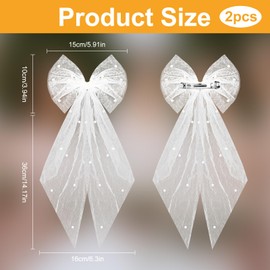 2PCS White Hair Bow Short Veils, Large Pearl Bow Hair Pin, White Tulle Bridal Hair Clip, Bridal Pearl Hair Bow/Wedding Party Accessories for Graduation Ceremony, Themed Photography, Proposal Ceremony