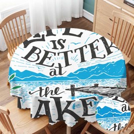 Yibeas Tablecloth Round Life is Better at The Lake Table Cloth Sketch House Lakeside Living Cottage Rustic Holiday Table Cover for Dining Room Kitchen Decoration Round Tablecloths 60 inch