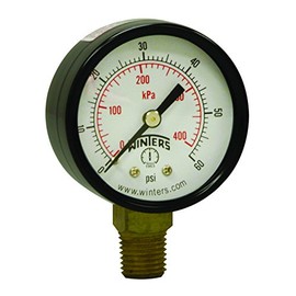 Winters PEM Series Steel Dual Scale Economical All Purpose Pressure Gauge with Brass Internals, 0-60 psi/kpa, 2" Dial Display, -3-2-3% Accuracy, 1/4" NPT Bottom Mount