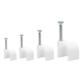 Cable Clips 200 Pcs - Cord Clips for Wall - White Cable Clamps Assortment Kit with Steel Nails (6 mm, 8 mm, 10 mm and 12 mm) - Mounting Clips for Round Cable & Wire, Indoor & Outdoor