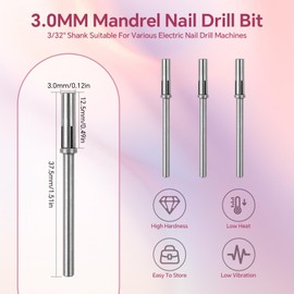 siyuwuro 3Pcs Mandrel Nail Drill Bits for Small Sanding Bands Replacement Nail Drill Bit for Electric Drill File Machine 3MM 3/32 Shank Nail Drill Bits for Acrylic Gel Manicure Pedicure