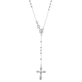 Sterling Silver 3mm Round Bead Jesus Christ Crucifix Cross Mother Mary Medal Rosary Necklace, 26"