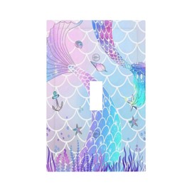 Girls Kids Purple Pink Mermaid Tail Scales 1-Gang Sing Toggle Outlet Light Switch Cover Wall Plate Colorful Cute Conch Coral Ocean Theme Decorative Face Plate Electrical Receptacle Cover Jumbo Size