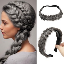 CJL HAIR 2PCs Braided Headbands Hair Piece for Women Synthetic Hair Hoops Head Bands Handmade Braid Hairband Accessories Elastic Stretch Headwrap Pepper Grey