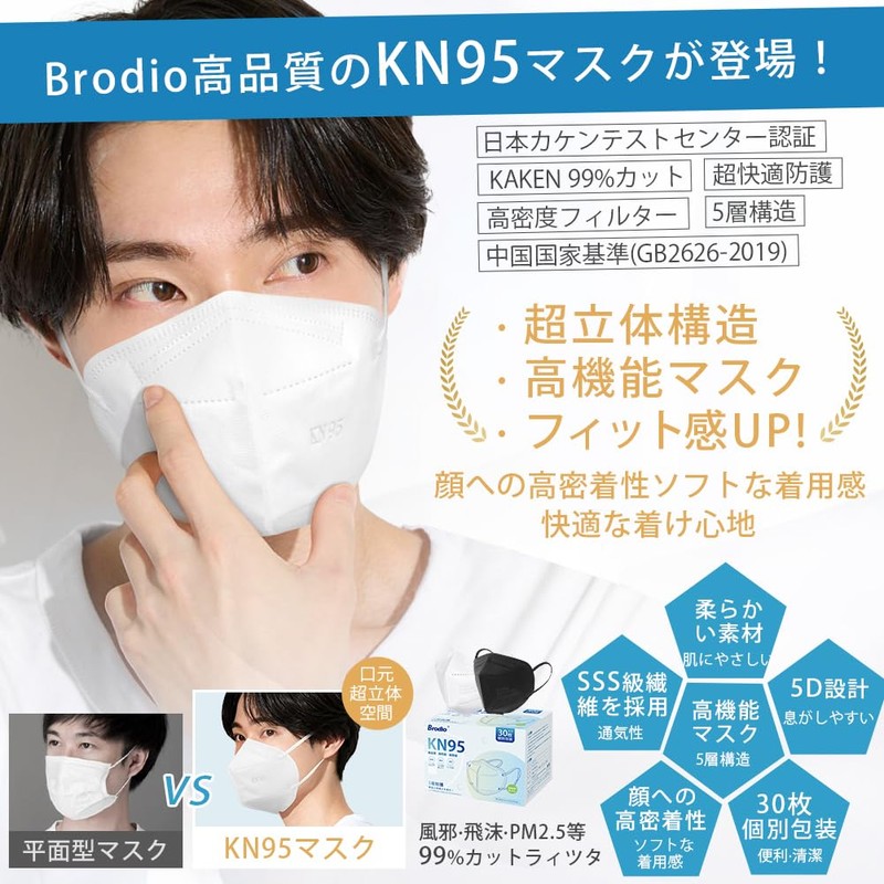 Brodio kn95 KN95 Mask, Individually Wrapped, 5-Layer Construction, Highly Functional,