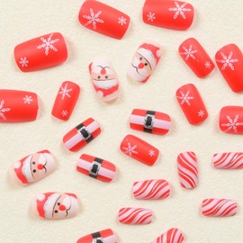 Christmas Press on Nails Square Medium Fake Nails Red False Nails with Santa Claus Snowflake Design Glue on Nails Glitter Full Cover Stick on Nails White Stripe Acrylic Nails for Women Manicure 24Pcs