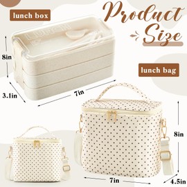 Funnymoom 2 Pcs Insulated Lunch Bag Tote Bag with Adults Lunch Box Stackable Bento Box, 3 in 1 Compartment, Salad Container for Lunch Dots Thermal Bag with Zippers and Handle for Work