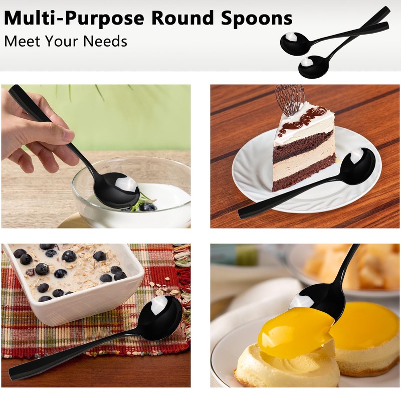 Dehouse 16-Piece Black Soup Spoons - Round Spoon, 7.3 Inch