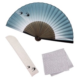 Osaka Choseido Folding Fan, Men's, Stylish, Business, Fan Bag, Handkerchief Included, Lucky, blue green