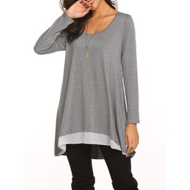 Poetsky Long Shirts for Women Fall Long Sleeve Crew Neck Layered Chiffon Hem Tunic Tops(Grey M)