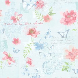 CONCORD WALLCOVERINGS ™ Sample for Display Purpose Only Textured Wallpaper Floral Rose Flowers Butterflies Words, Blue Pink Green, 7 in x 10 in, AB42433