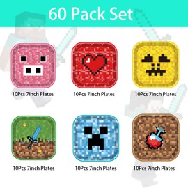 60Pcs TNT Game Plates 7inch Mine Game Paper Plates for Kids Party Plates,Disposable Miner Gaming Paper Plates Square Paper Dinner Plate,Video Game Dinnerware for Kids Boy Girl Birthday PlatesTableware