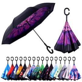 Wxjiahetai Inverted Reverse Umbrella with C-shaped Handle Windproof Upside Down Umbrellas for Rain Double Layer Hands Free Umbrella for Women and Men (Purple Daisy)
