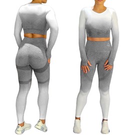 CORPOAMOR Women's Fitness Clothing Gym Outfit and Yoga Workout Set Crop Top and High Waisted Leggings Ombre Gradient 2 Piece Set (Grey/White, Large)