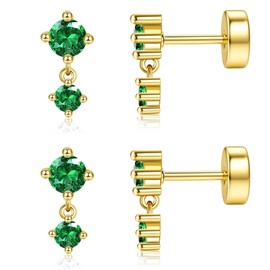 Thunaraz Earring Sets for Multiple Piercing Flat Back Stud Earrings Hypoallergenic Stainless Steel Earrings Dainty Cartilage Tragus Stud Earrings for Women 2Pairs Golden-Green CZ