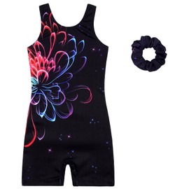 MODAFANS Leotards for Girls Gymnastics with Shorts Dance Unitards Tumbling Biketards with Hair Scrunchie 8-9Years,Sparkly Flower
