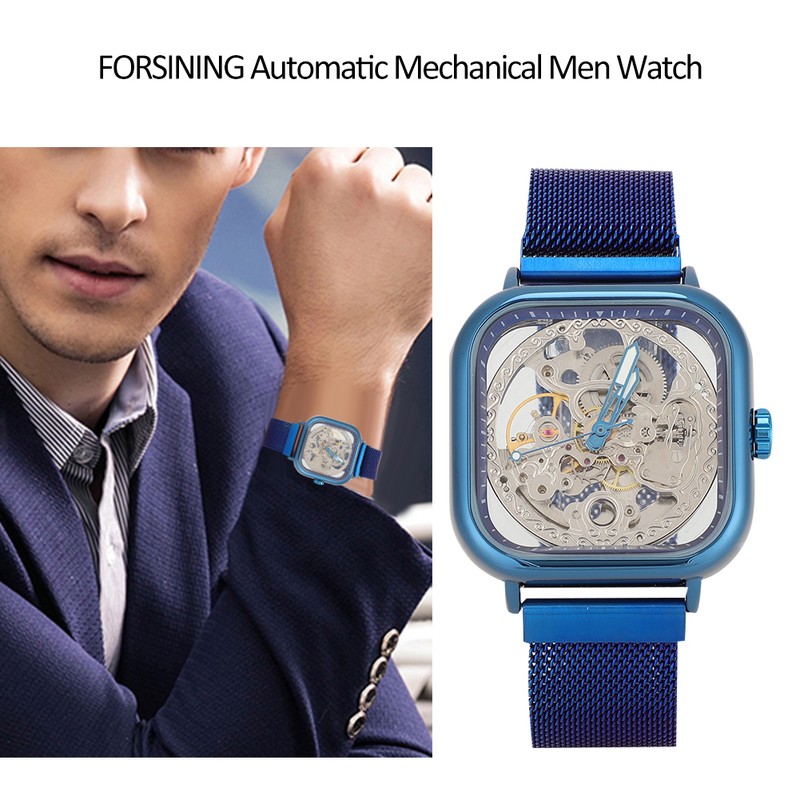 FORSINING Stainless Steel Strap Waterproof Hollow Automatic Mechanical Men WatchBlue