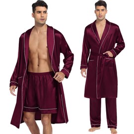SWOMOG Men's 3 Pcs Silk Robe Set Satin Kimono Bathrobes Soft Sleepwear Set Loungewear