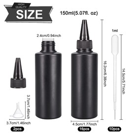 BENECREAT 16Pcs 150ml Black Plastic Squeeze Bottles, Dispensing Condiment Bottles with 2Pcs Funnels and 10Pcs Transfer Pipettes for Ink Tattoo Liquid Painting Glue