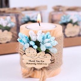 HTF Pack of 10 Wood Tealight Candle Holder Handmade Baby Shower Party Favors Baby Shower Favors for Guests Sweet 16 Quinceanera Party Tealight Candle Holders (Baby Shower Blue, Light Brown)