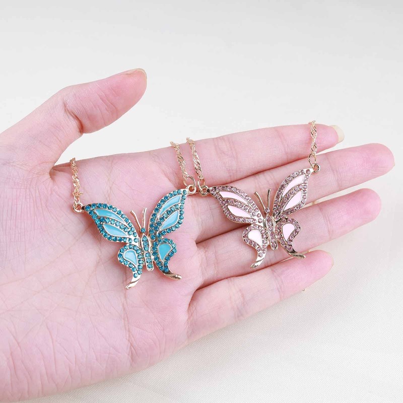 Dervivea Boho Pink Crystal Butterfly Necklace Large Butterfly Pendant Necklace