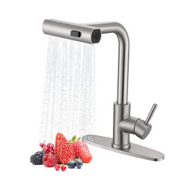 Waterfall Kitchen Faucet with Pull Down Sprayer, ARTIQUA Brushed Nickel Single Handle Kitchen Sink Faucet with Deck Plate Fits 1 or 3 Hole, for Bar RV Laundry Farmhouse Outdoor and Camper