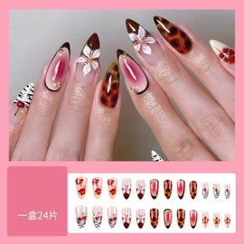 24 Pcs Spring Press on Nails Short Almond,YIHONGYAN Pink Red Ombre Fake Nails Press ons Flowers Leopard French Acrylic Nail Art Tip Kit Glue on Nails Full Cover False Nails Stick on Nails for Women