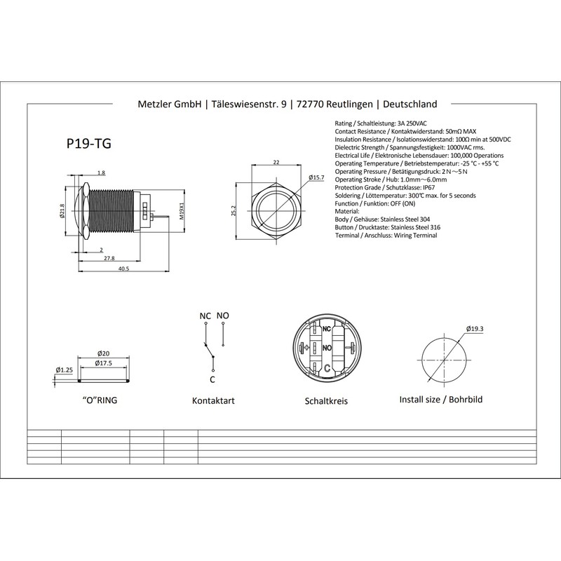 Metzler - Push Button 19mm - IP67 IK10 - Stainless