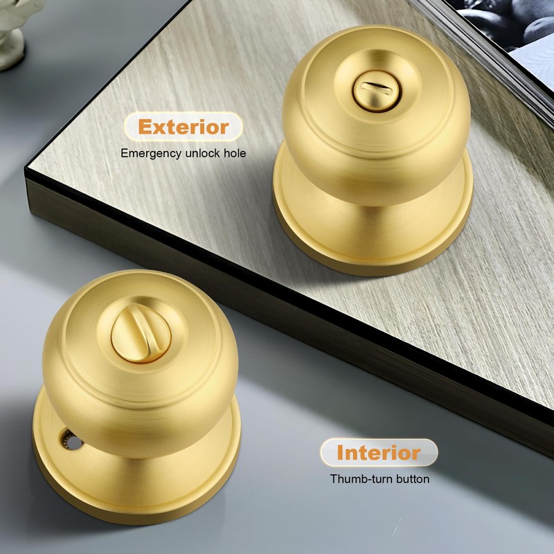 Probrico Brushed Brass Bed/Bath Knobs Keyless Privacy Interior Doors Locksets,