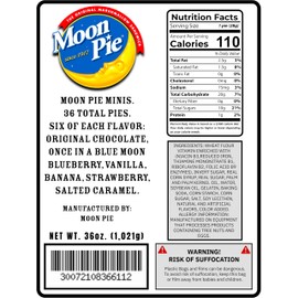 Moon Pie Minis 36 Pack. 6 Pies of Each: Original, Once in a Blue Moon Blueberry, Vanilla, Banana, Strawberry, Salted Caramel. 1oz. Snack Pies Individually Wrapped.