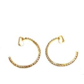 Unbranded CLIP-ON EARRINGS CRYSTAL HOOPS GOLD TONE 2 INCH HOOP EARRINGS THIN NON PIERCED