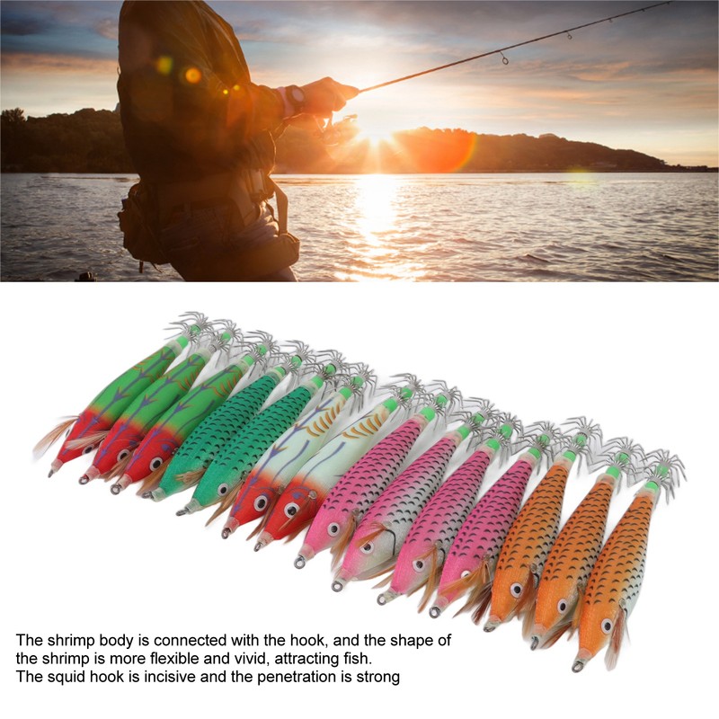 14Pcs Luminous Squid Hook Lure 8cm Artificial Shrimp Shape Fishing