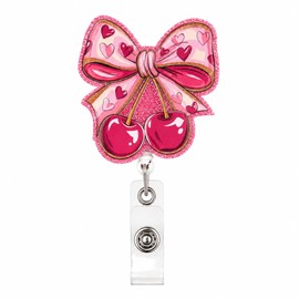 Badge Reel Cute Retractable ID Card Holders with Clip, Pink Bow Badge Holder for Nurses, Doctor, Teachers, Nursing Student, 360° Rotating Design, 60CM Extension Cord (Cherry Bow)