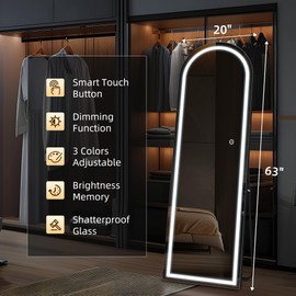 GlasFlength Arched Full Length Mirror with LED Lights, 63"x20" Full Body Mirror, Free Standing & Wall Mounted Hanging Mirror with Light for Bedroom, Aluminum Frame, Dimming & 3 Color Lighting (Black)